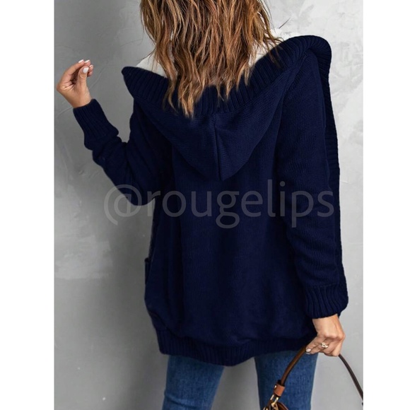 Navy Blue Faux Sherpa Knit Hooded Cardigan Front Pockets Long Sleeves Hip Length - Picture 4 of 16